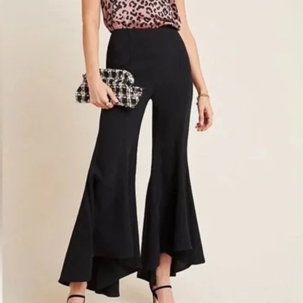Anthropologie Zinnia Flare Pants Womens 8 Black Trousers Dressy Wide Leg Flowy